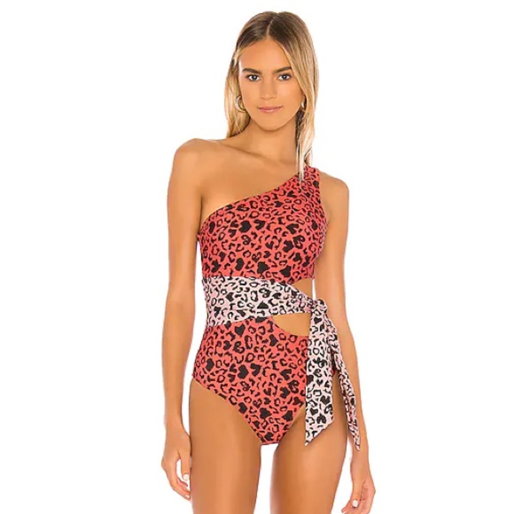 Beach Riot One-Shoulder Coral and Black Leopard One-Piece Swim